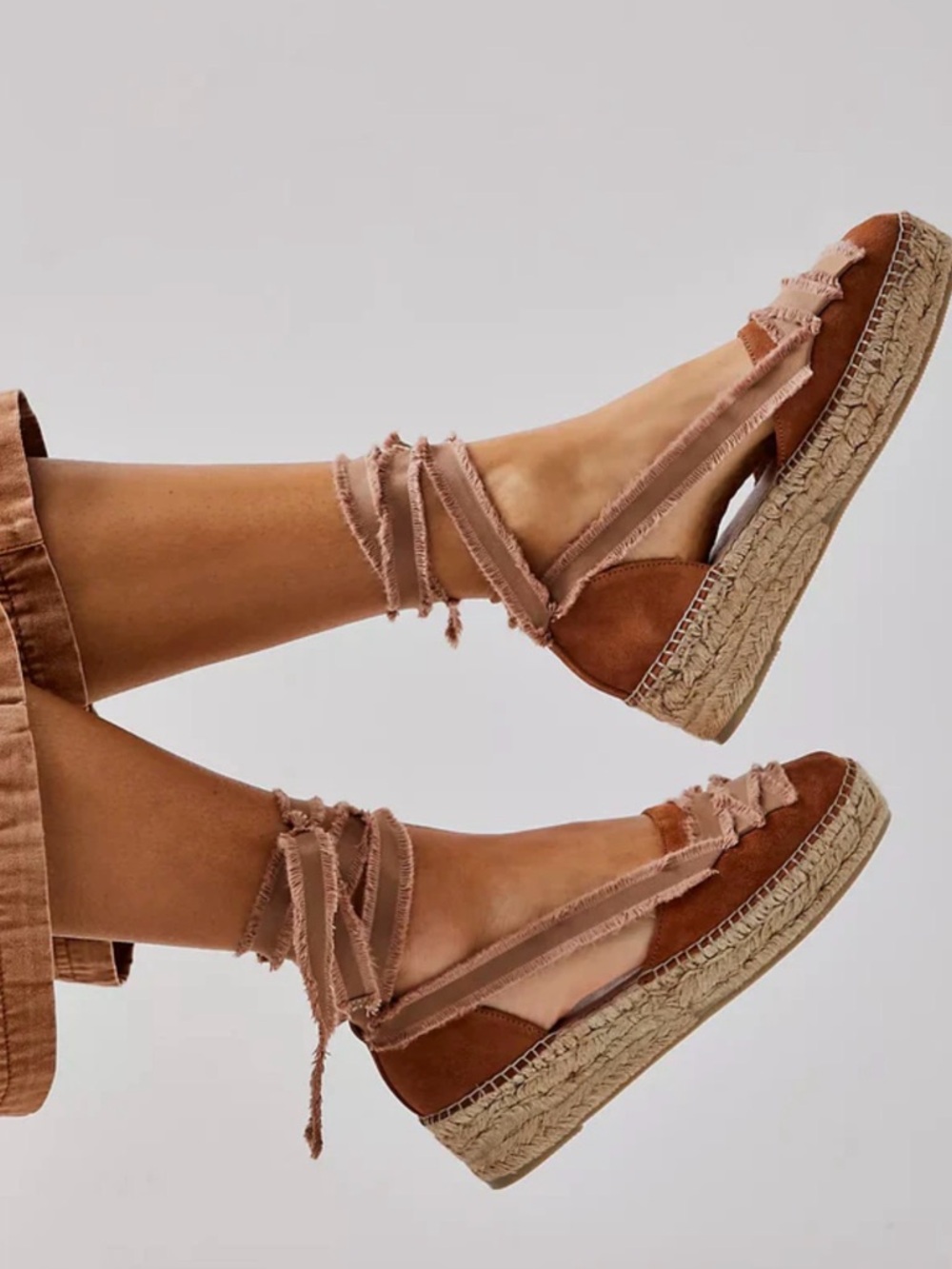 Free People Destino Tan Suede Espadrille Platform Lace-Up Flats